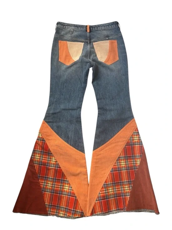 Free People We The Free Flashback Patchwork Plaid Corduroy Flare Jeans NWOT - Picture 2 of 9